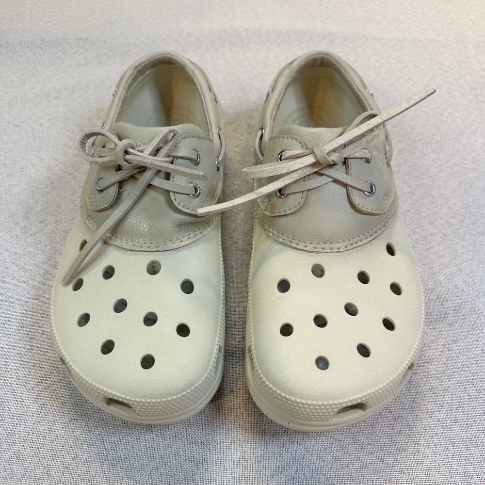 Crocs Beach Line Boat Shoe Mens 10 Womens 12 Tan Leather Classic Preppy Nautical